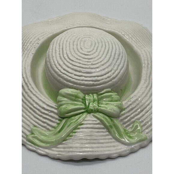 Vtg White Straw Hat Ceramic Green Bow Decor Ring Ashtray Vanity 9.5" Italy 485/8 - Picture 8 of 8